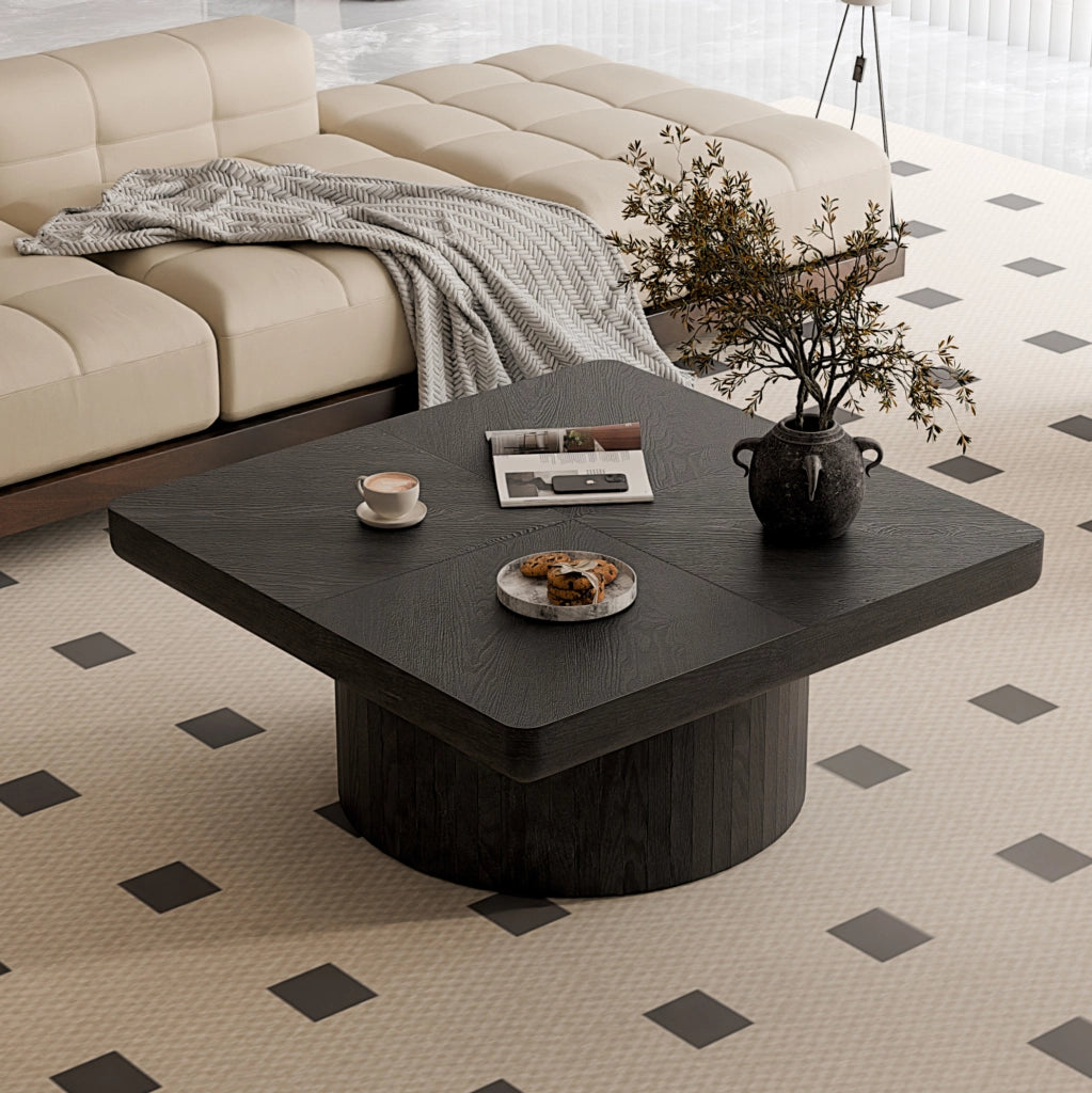 Tavolino da caffè 86.12x85.54x18.04 cm con piano spesso e base cilindrica in legno e MDF nero