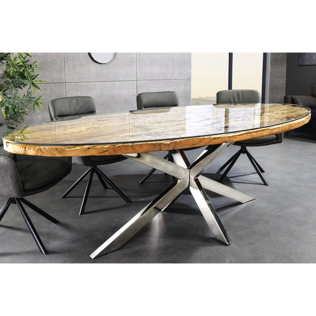 Table RAFTA 220 cm – Piano in teak massiccio, vetro temperato e struttura in acciaio cromato