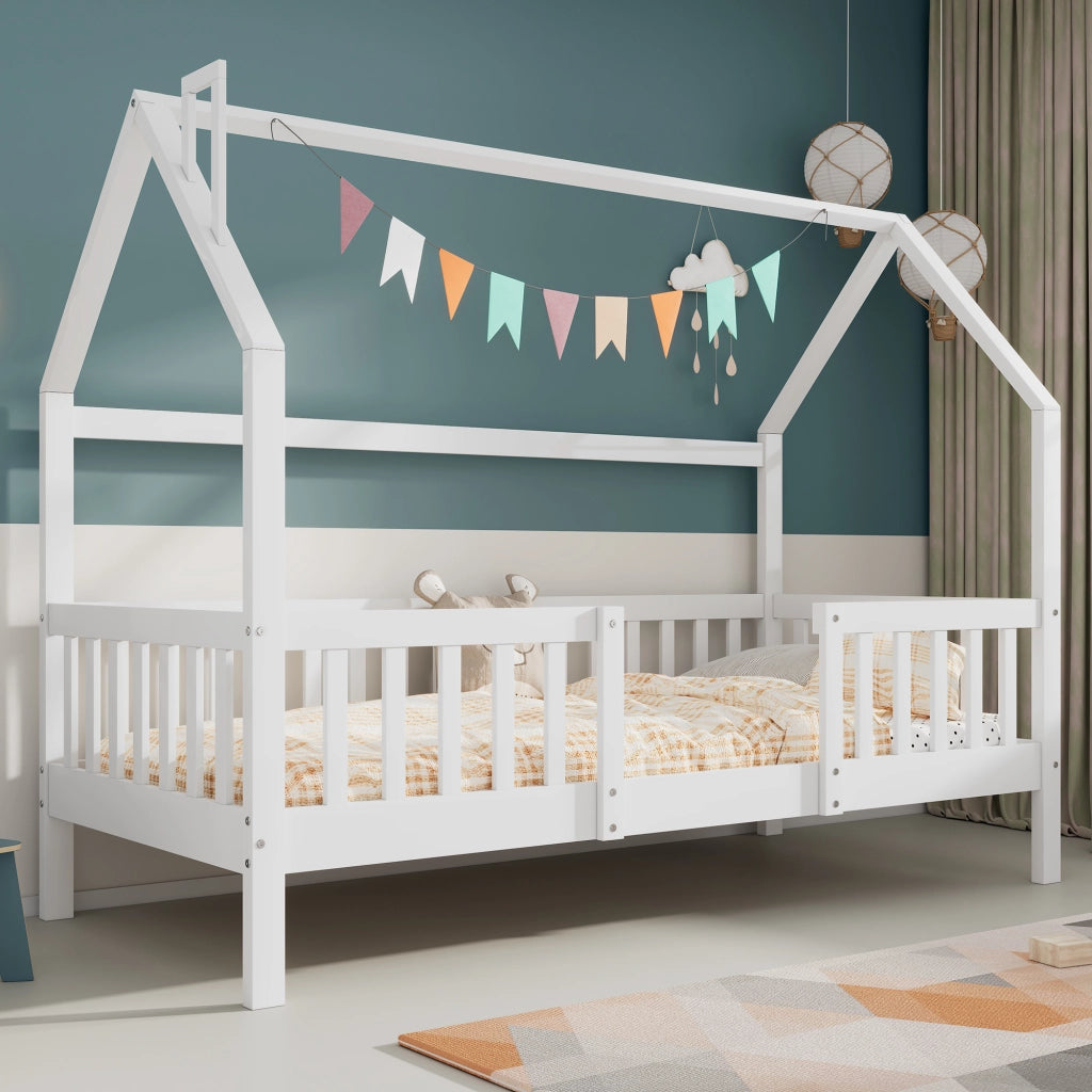 OKWISH Letto a Casetta 90×200 cm, Letto Singolo con Tetto, Spondine e Rete, senza Materasso, in Pino, Bianco