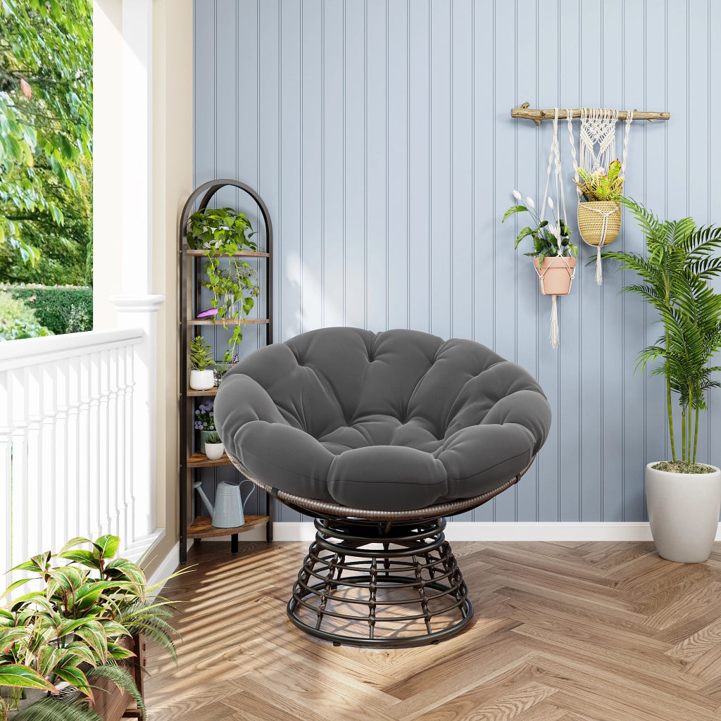 Poltrona Papasan Girevole Ergonomica con Cuscino Imbottito per Soggiorno Camera o Terrazza in Acciaio Grigio 92 x 67 cm