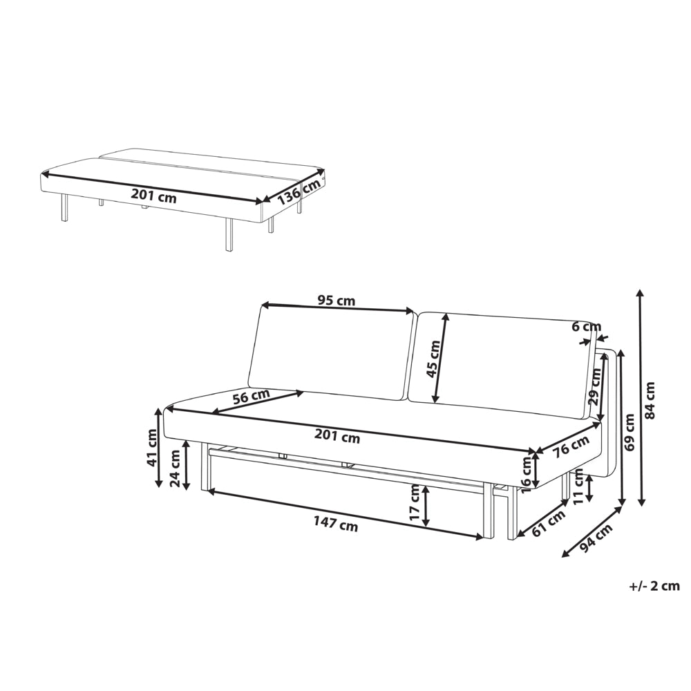 Divano letto beige Rivestimento in tessuto nero Gambe in ferro Funzione letto Cuscini dello schienale senza braccioli con fodere sfoderabili