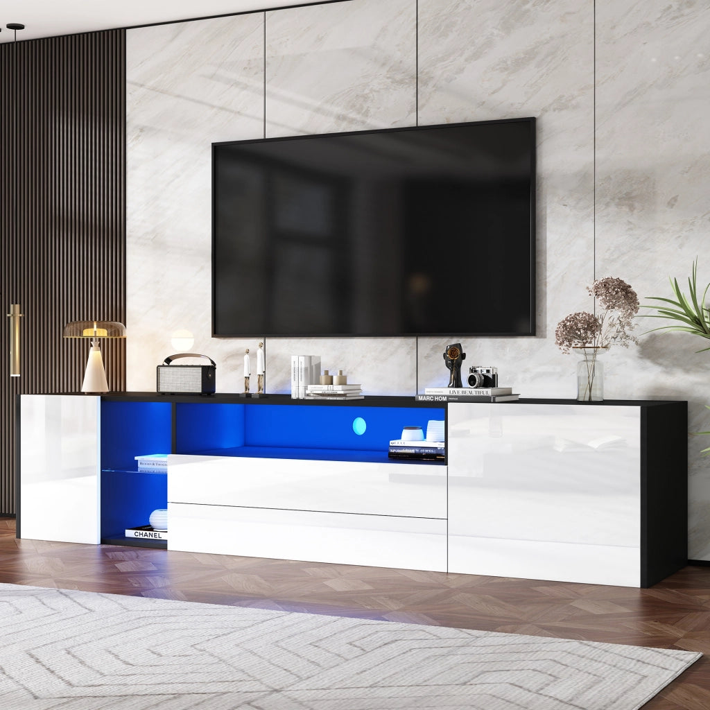 Mobile TV con 2 Cassetti; 2 Ante e LED; Frontale Lucido; Soggiorno; in Truciolare; Bianco e Nero; 180??40??45 cm