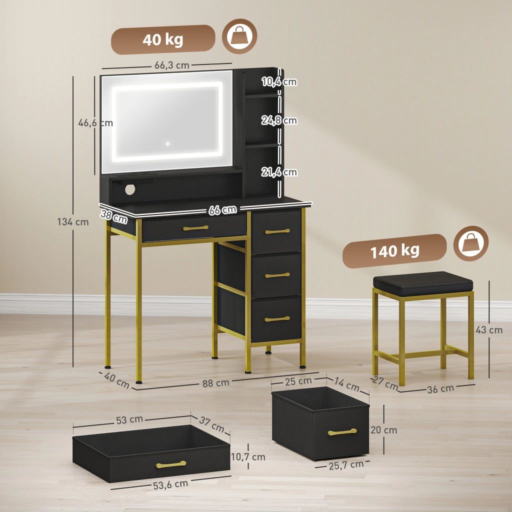 Toletta con Specchio LED e Sgabello ¨C Xylo ¨C 4 Cassetti Nero con Stazione di Ricarica