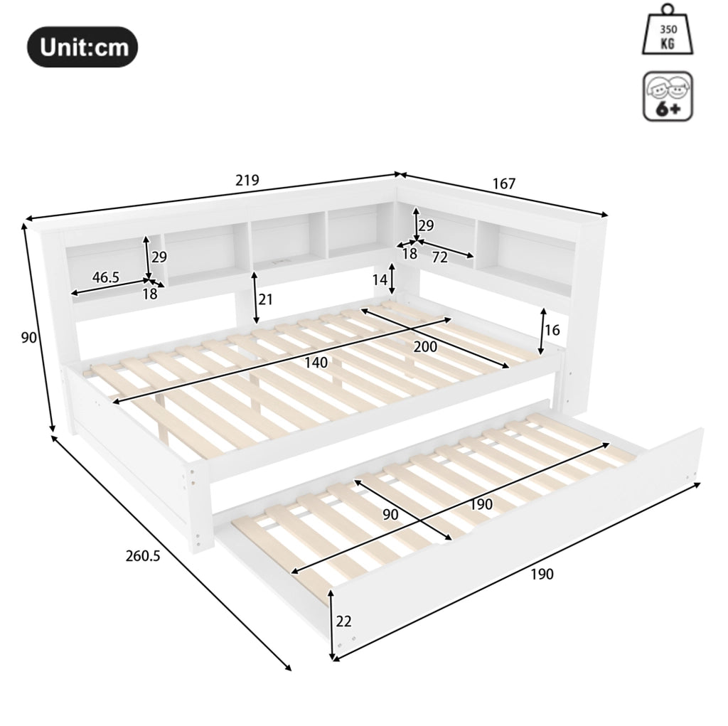 Divano letto 140x200 cm con letto estraibile; prese e 2 porte USB in MDF e pino bianco