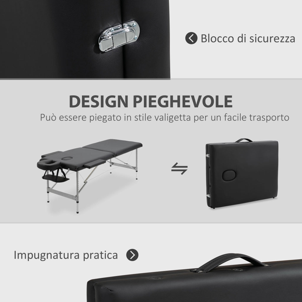 EasyComfort Lettino per Massaggio Portatile e Pieghevole con Altezza Regolabile e Seduta Imbottita, 186x71x62-83 cm, Nero
