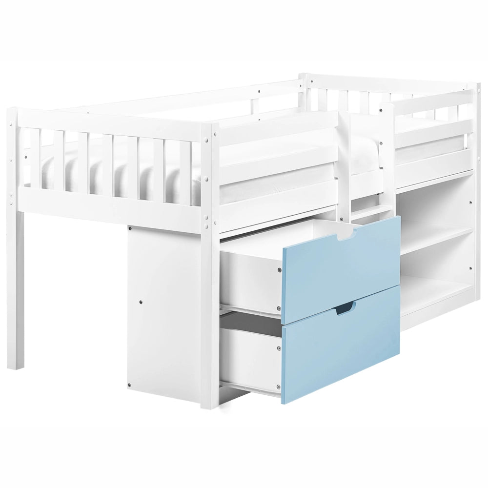 Letto per bambini bianco e blu in legno 90 x 200 cm con rete a doghe, cassetti e ripiani, letto per bambini piccoli