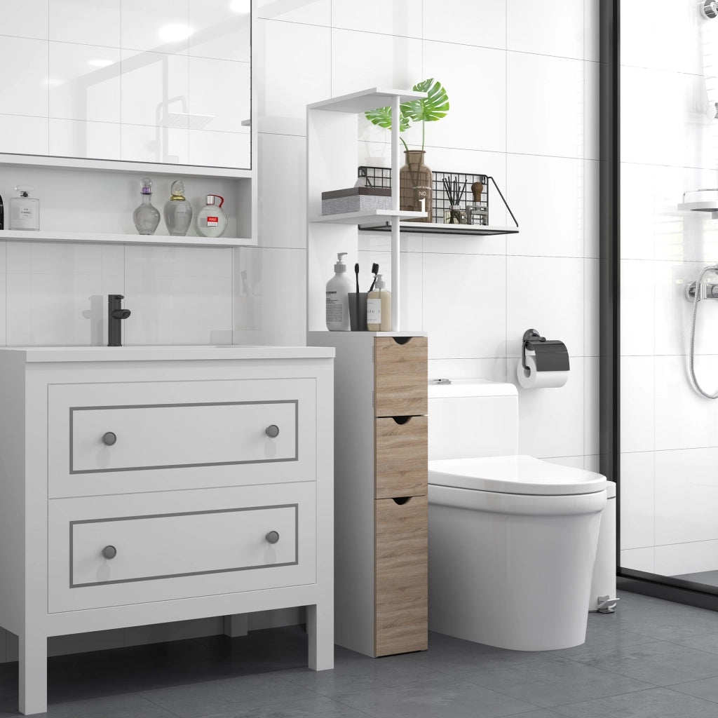 Mobile Colonna Bagno Salvaspazio con Armadietto, Ripiani e Cassetti, 15x33x136.8 cm, Colore Legno