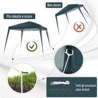 Gazebo Pieghevole da Giardino 2.4x2.4m con Struttura in Acciaio e Corde Antivento, Verde