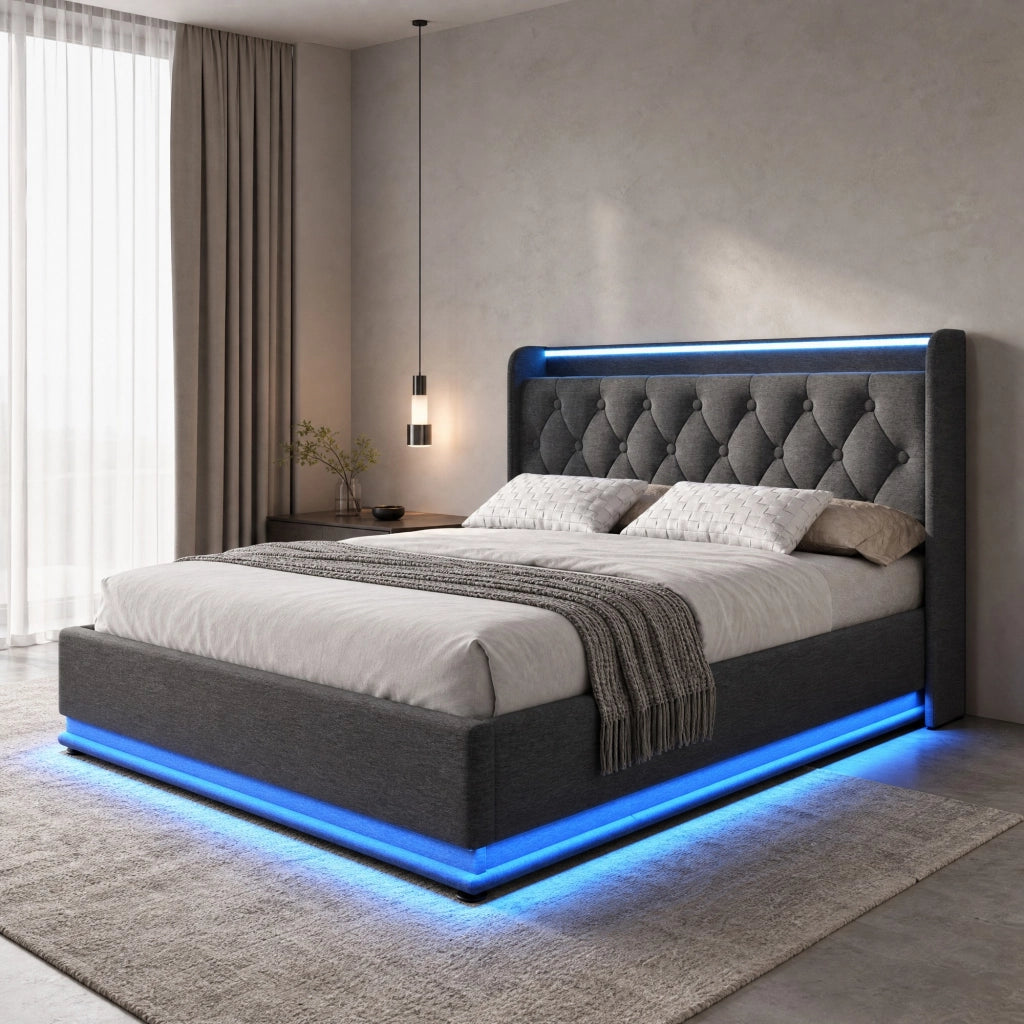 Letto imbottito 180x200 cm grigio con LED, contenitore idraulico, USB Type-C e rete a doghe