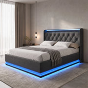Letto imbottito 180x200 cm grigio con LED, contenitore idraulico, USB Type-C e rete a doghe