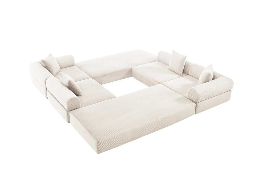 Divano modulare 270x180x64 cm con funzione letto e tasca laterale in corduroy beige