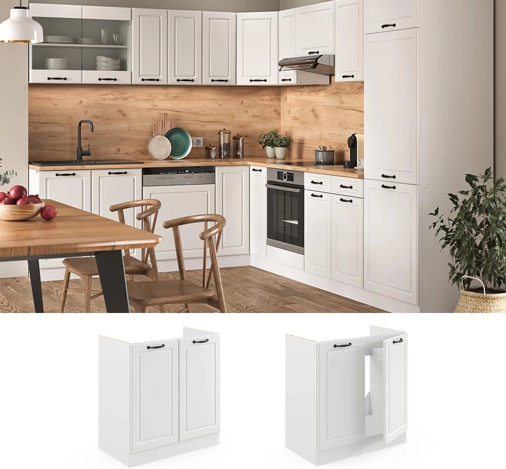 Mobile lavello cucina R-Line, Bianco casa di campagna, 80 cm senza piano di lavoro, per la libera combinazione all'interno di sistemi cucina modulari