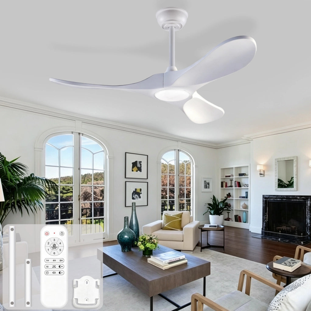Ventilatore a soffitto 52 pollici con luce LED regolabile; 3 pale in legno massello bianco; telecomando