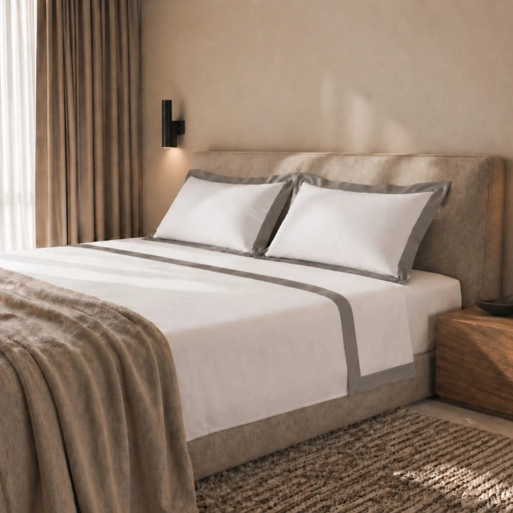 Set Lenzuola Letto Matrimoniale 100% Cotone | Lenzuolo Piano 250x295 cm, Lenzuolo con Angoli 175x200 cm e 2 Federe Coordinate | Lenzuola con Balza Decorativa in Raso Grigio