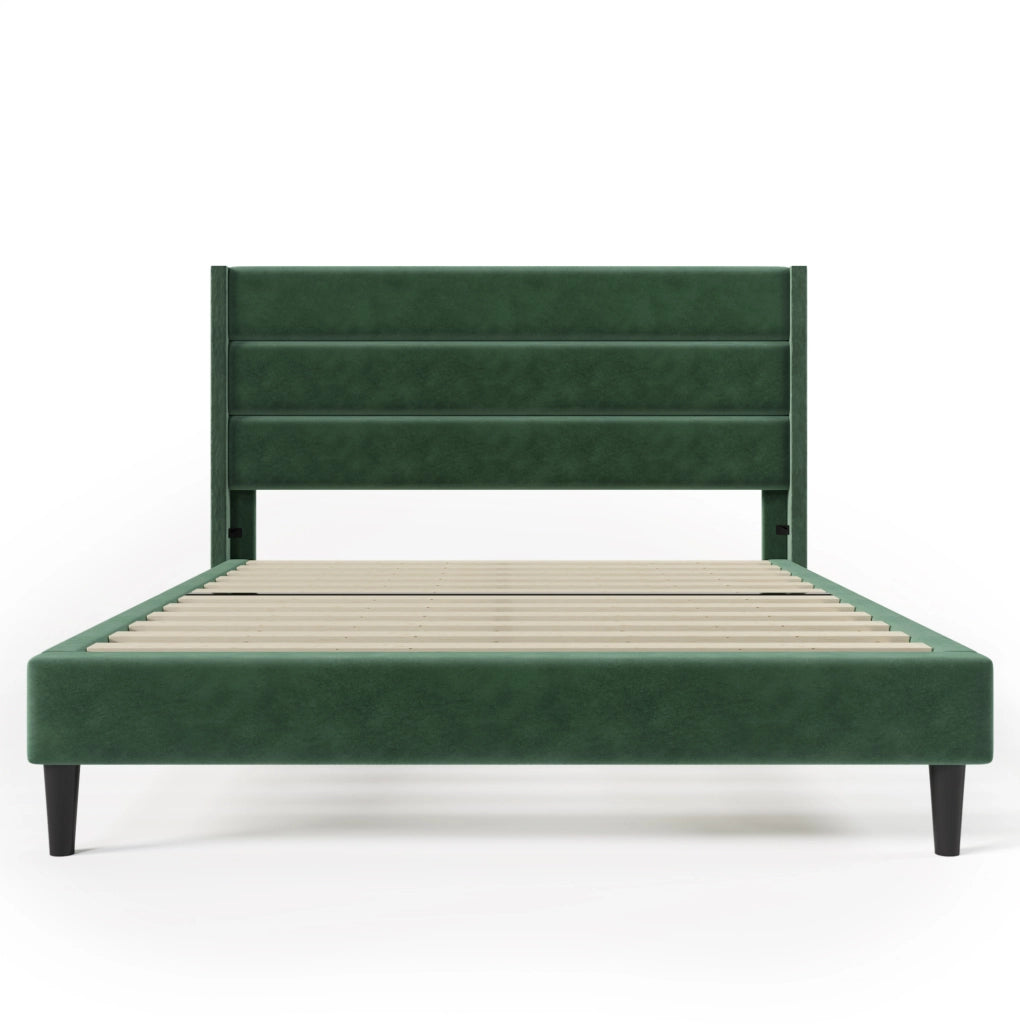 Letto imbottito 140x200 cm con rete a doghe e testiera in velluto verde scuro