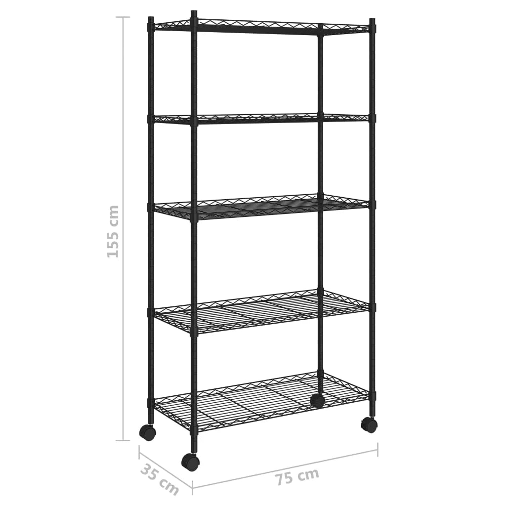 Scaffale portaoggetti a 5 ripiani con ruote 75 x 35 x 155 cm 250 kg nero 02_0045700