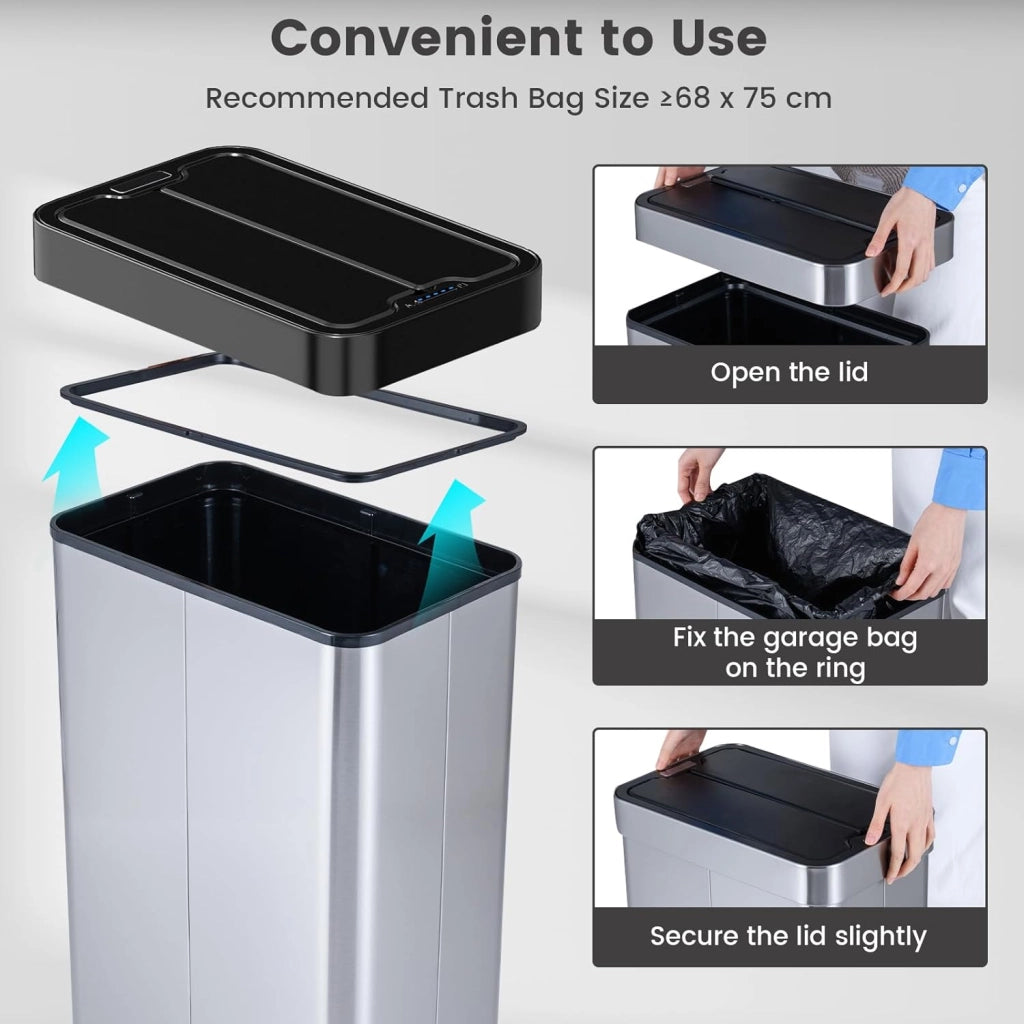 Bidone Spazzatura 60L con Coperchio, Bidone Automatico senza Contatto con Risposta Rapida e Pannello di Controllo, Cestino in Acciaio Inox con Sensore di Movimento per Bagno e Cucina (Argento)