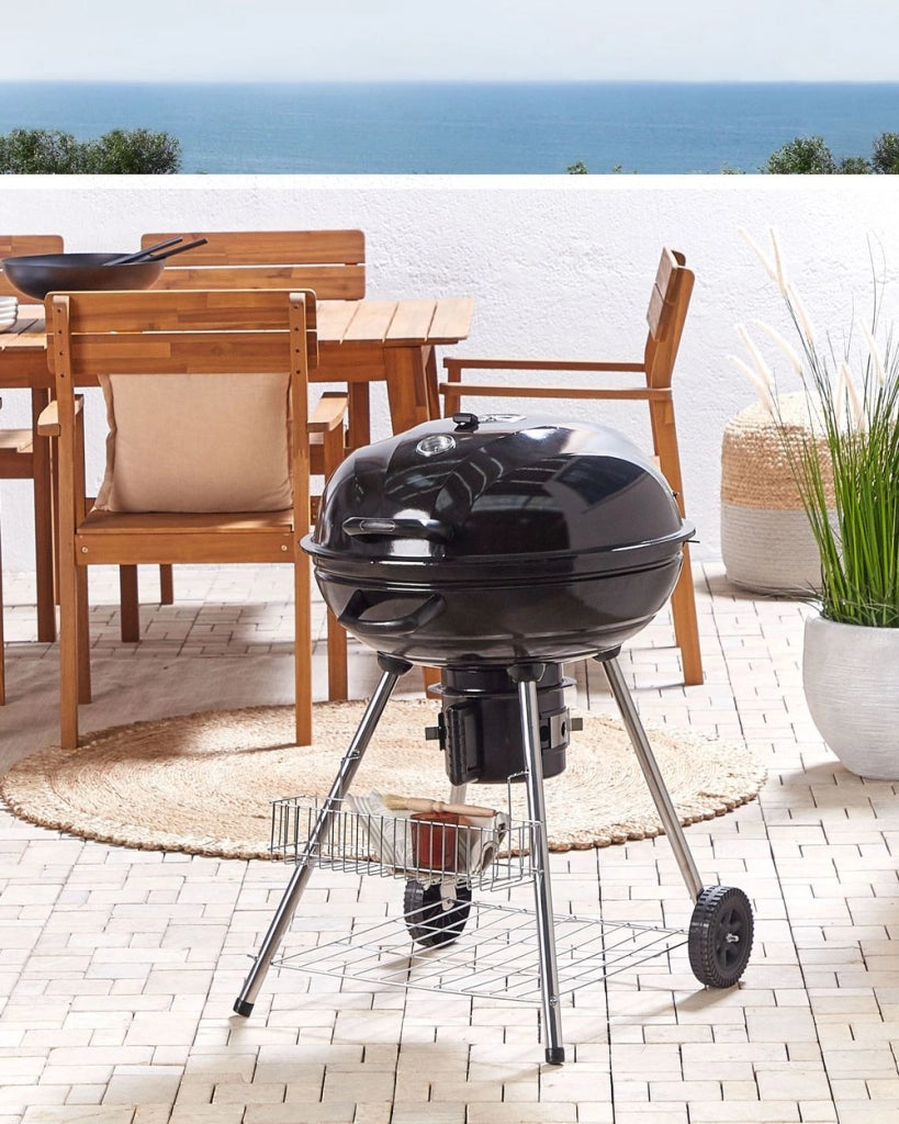 Bollitore per barbecue a carbonella in acciaio Nero con coperchio con ruote per griglia da cucina con termometro