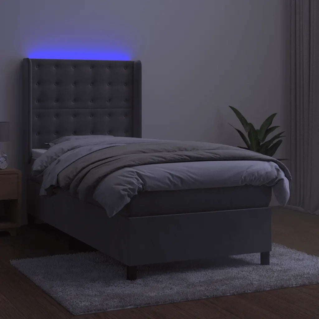 Letto a Molle Materasso e LED Grigio Chiaro 100x200 cm Velluto 3139787