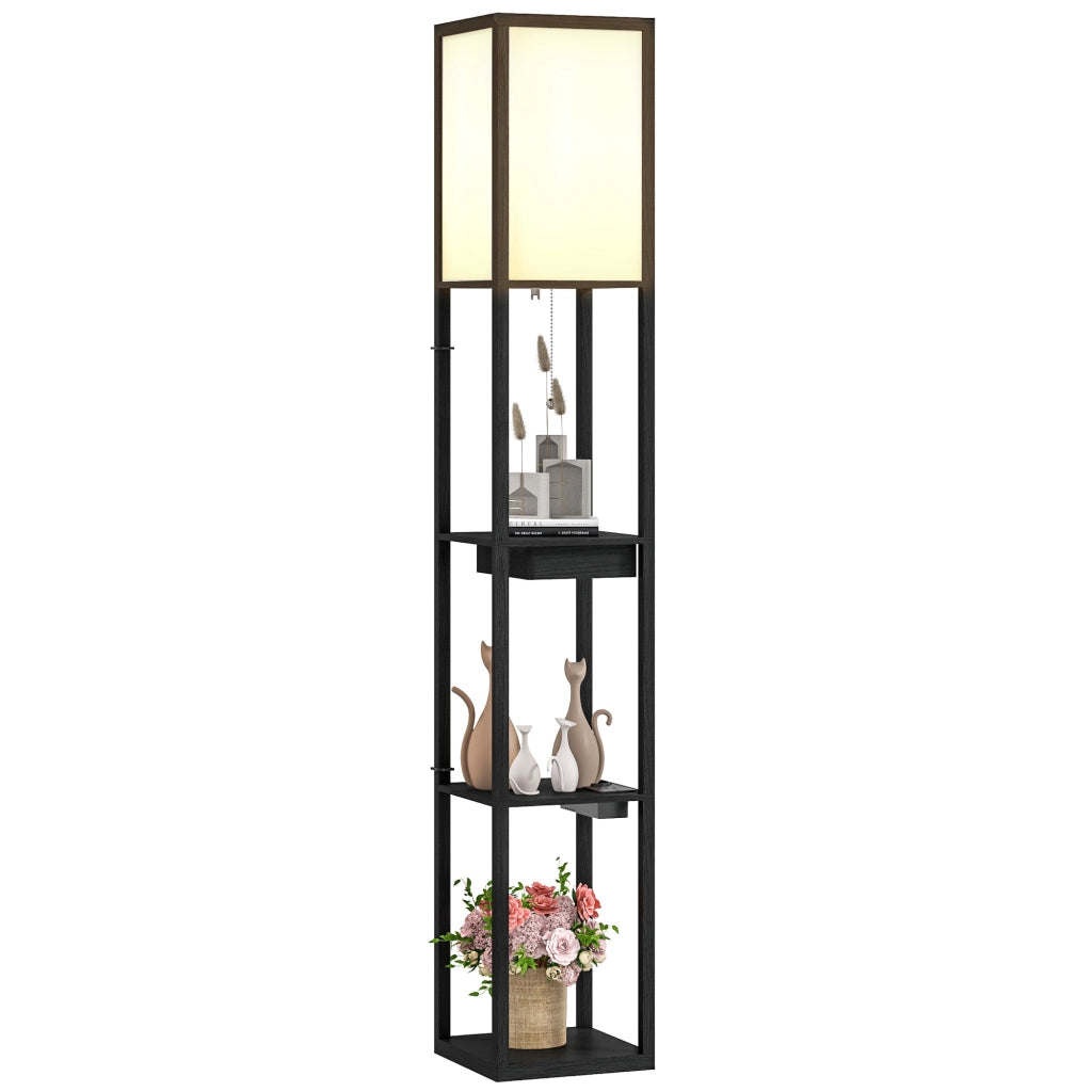 Lampada da terra con scaffale 3 livelli, interruttore a pedale, porte USB ¨C zephmum ¨C MDF, nero