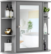 Armadietto Bagno a Parete, Mobiletto Pensile in Legno con Ante di Specchio, 6 Scomparti Laterali e 4 Ripiani di Stoccaggio, 3 Colori Disponibili, 65x17x64cm (Grigio)
