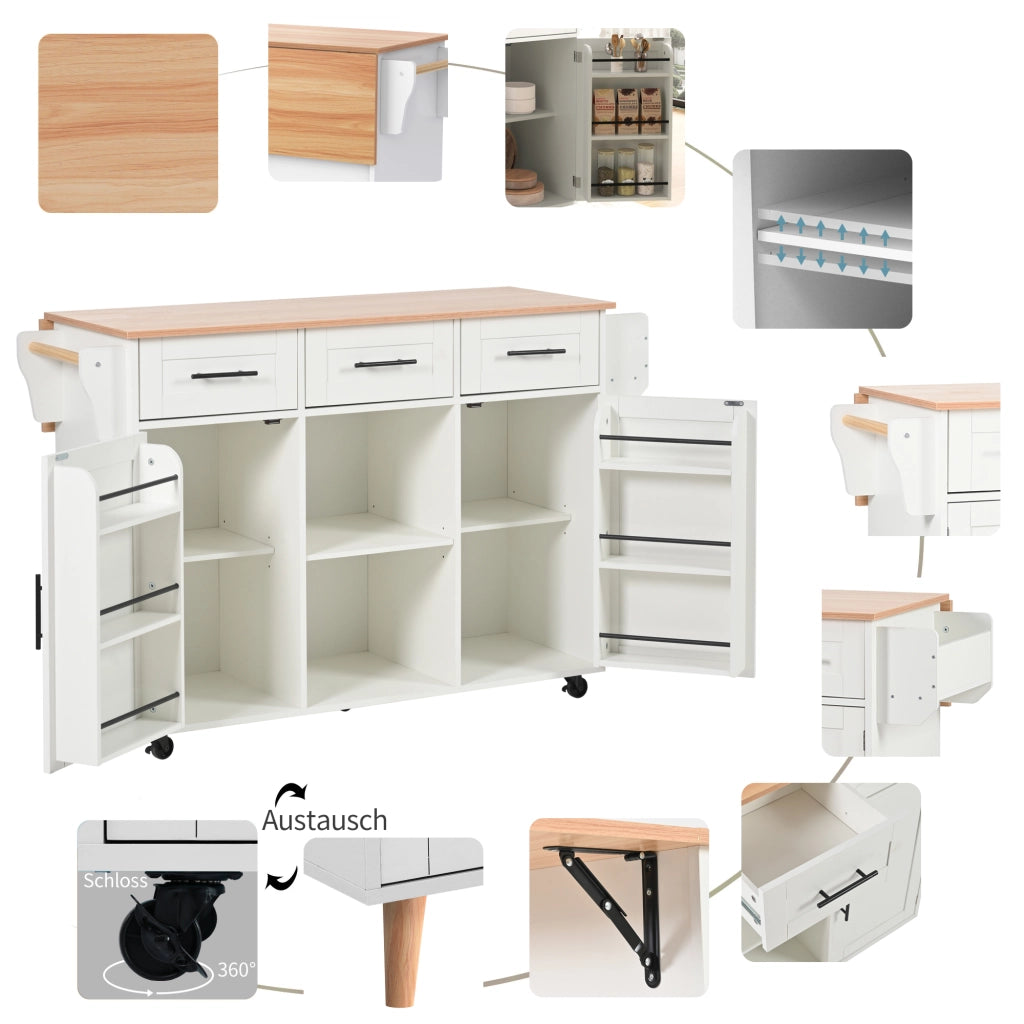 Carrello da Cucina con 3 Cassetti; 3 Scomparti; Piano Ribaltabile; Portasciugamani e Ruote 139x46x91;5 cm