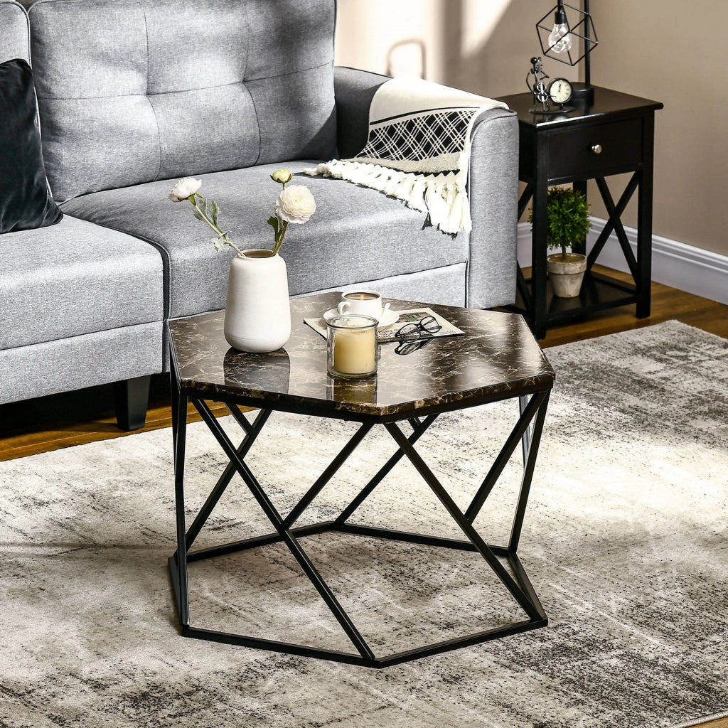 EasyComfort Tavolino da Salotto Moderno con Piano Effetto Marmo e Struttura in MDF e Acciaio, 81x70x51.2 cm, Nero