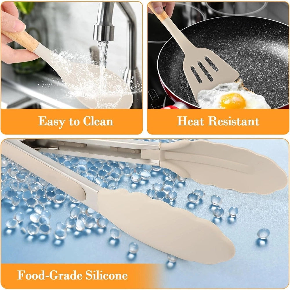 Trade Shop - Set 12 Attrezzi Cucina In Silicone Antiaderente Con Porta Utensili Manico In Legno -