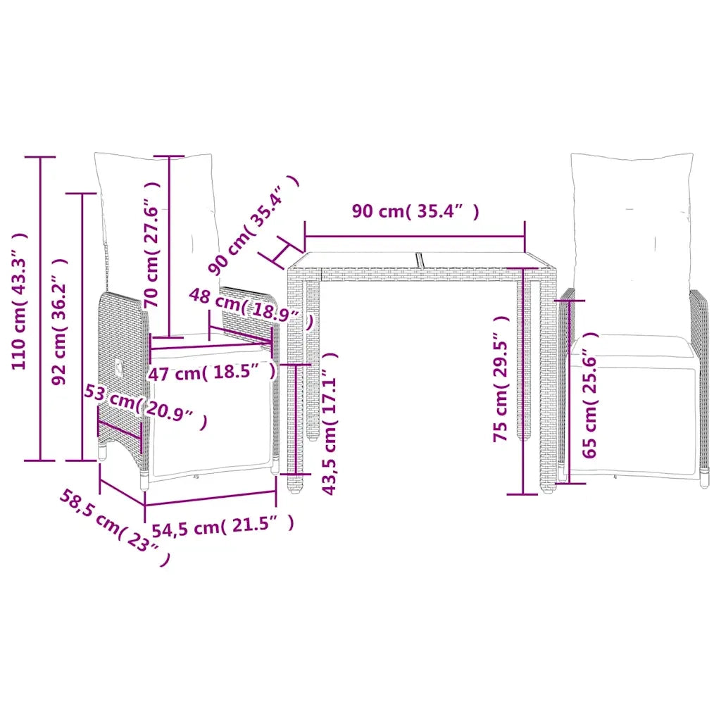 Set BistrÃ² da Giardino 3 pz con Cuscini in Polyrattan Grigio