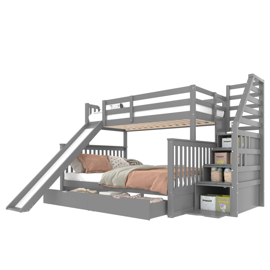 Letto a castello con scivolo e cassetti; 90x200/140x200 cm; grigio