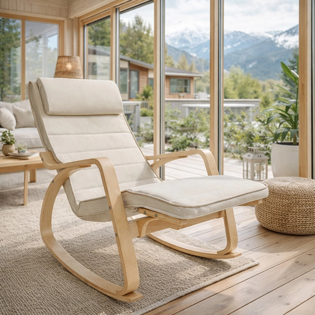Sedia A Dondolo Reclinabile In Legno E Metallo Con Poggiapiedi Poltrona Regolabile 5 Posizioni Per Balcone Giardino Interno Esterno 121.5 x 55 x 84 Cm Beige