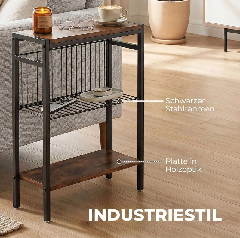 Tavolino con 3 Ripiani in Spanplaccato e Metallo, Marrone Rustico, 43x18x62,5 cm