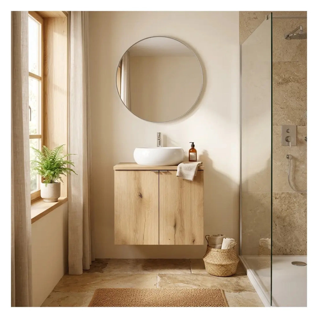 Set da bagno sospeso VANO effetto rovere 60cm: mobile sotto lavabo con armadietti + piano per lavabo