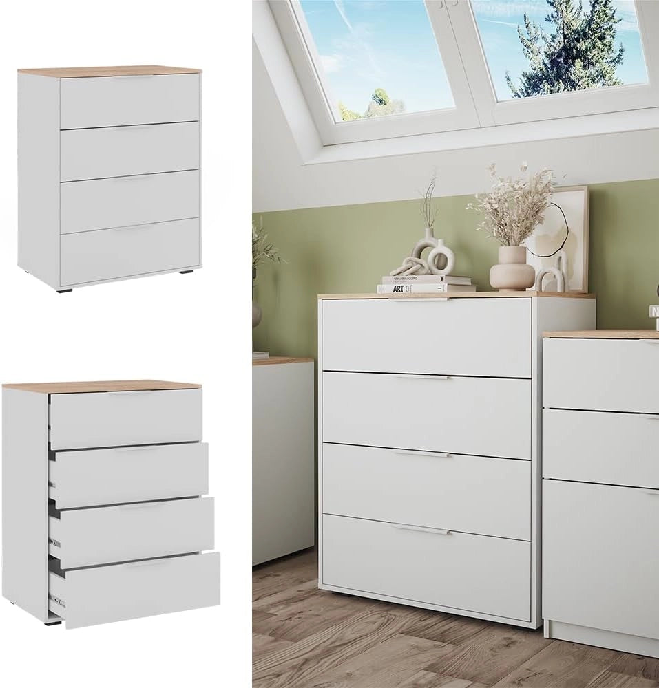 Credenza Betti, Bianco/Sonoma, 30 x 83.6 cm con 4x cassetti, adatto per la conservazione e l'integrazione di arredi esistenti