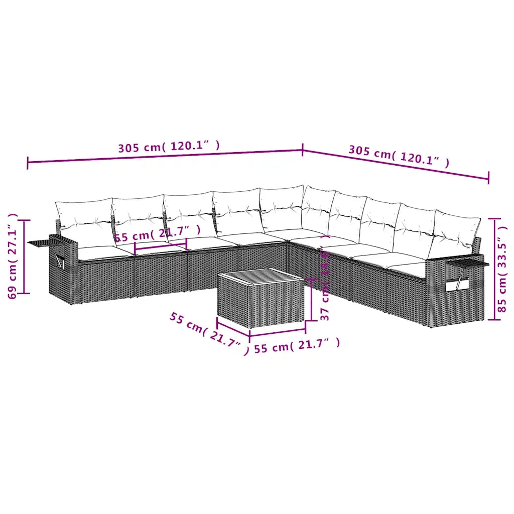 Set Divani da Giardino 10 pz con Cuscini Grigio in Polyrattan 3224612