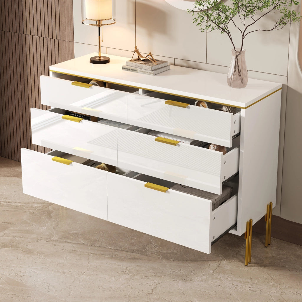 Credenza con 6 Cassetti e Maniglie Dorate; Frontali Lucidi; Stile Moderno; in Pannello Truciolare; Bianco; 120??40??85;5 cm