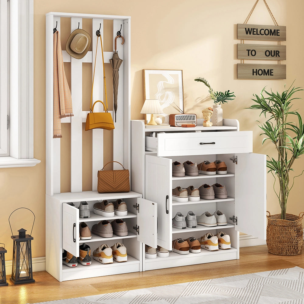 Vestiaire d'ingresso con pannello e armadietti scarpe - Xylo - 80x25x96,5 cm - Bianco - Set cambio scarpe, asciugatore