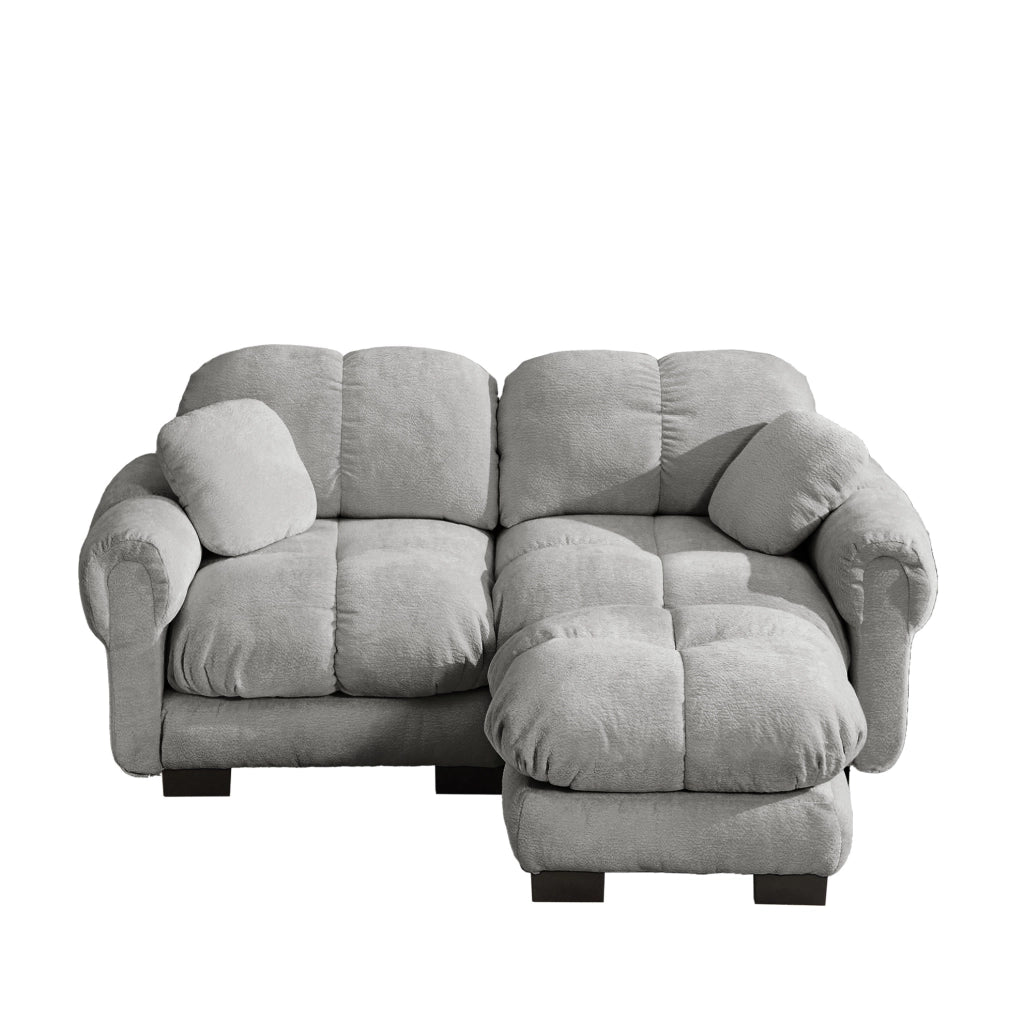 Divano angolare modulare 2 posti in chenille grigio chiaro con pouf mobile e cuscini spessi 190x149x90 cm