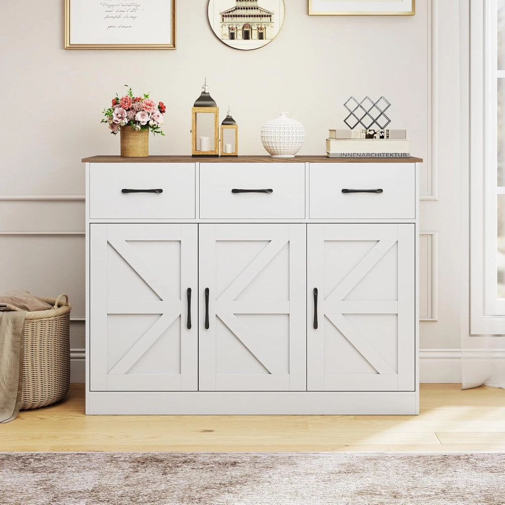 Credenza 3 ante e 3 cassetti, credenza con ripiani interni regolabili, kit antiribaltamento, stile fienile, 108 x 38 x 81 cm, armadio portaoggetti per cucina, sala da pranzo