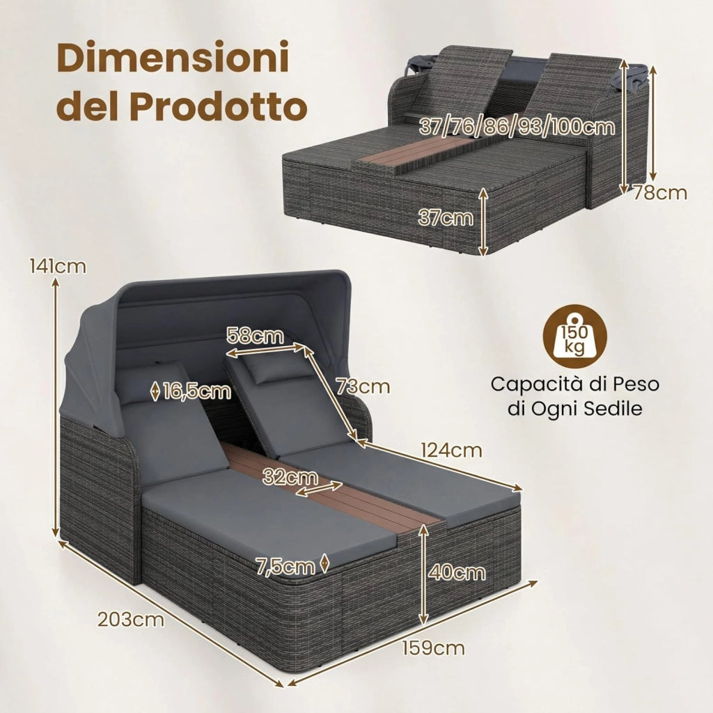 Letto Prendisole Matrimoniale per 2 Persone, Lettino da Giardino in Rattan con Tetto Retrattile e Schienali Regolabili, Isola Prendisole con Tavolino e Portabicchieri per Relax (Grigio)