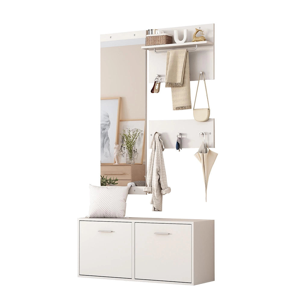 Set vestiario 4 pezzi con specchio - Xylo - 2 porta cappelli, armadio scarpe, 6 ganci, 90x30x41.5 cm, bianco