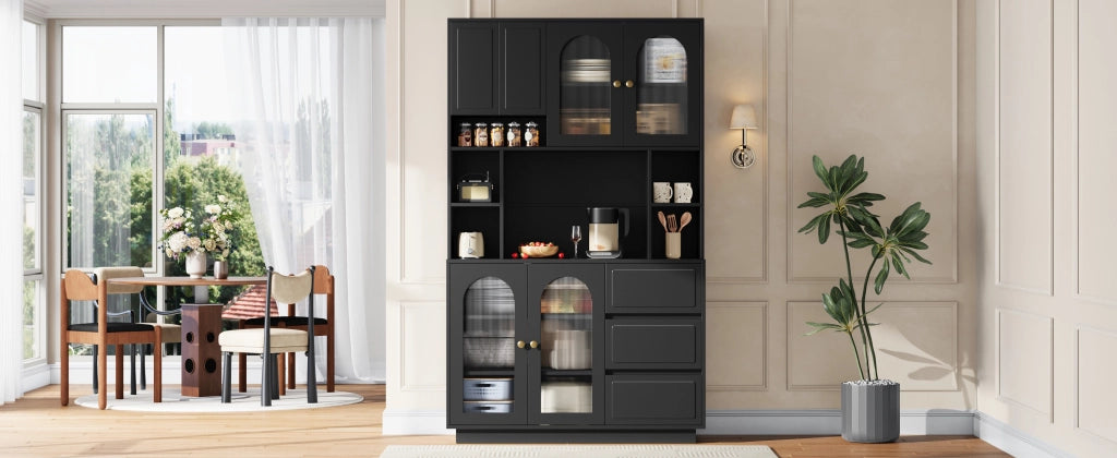 Credenza alta con ante ad arco in acrilico, LED APP e 3 cassetti, per cucina e soggiorno, nero 106 × 30 × 175 cm