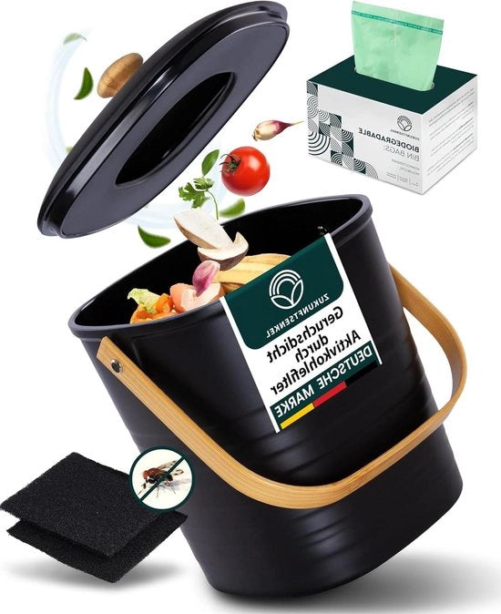 Contenitore di rifiuti biologici per cucina - profumato nero - con filtro di ricambio - 50 sacchi di rifiuti biologici - filtro di ricambio 2 pezzi