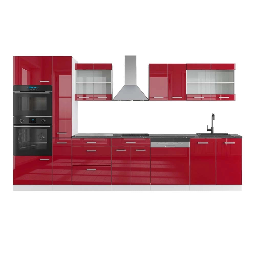 Mobile da cucina R-Line Rosso lucido/Bianco 350 cm con armadio alto, PL Antracite Vicco