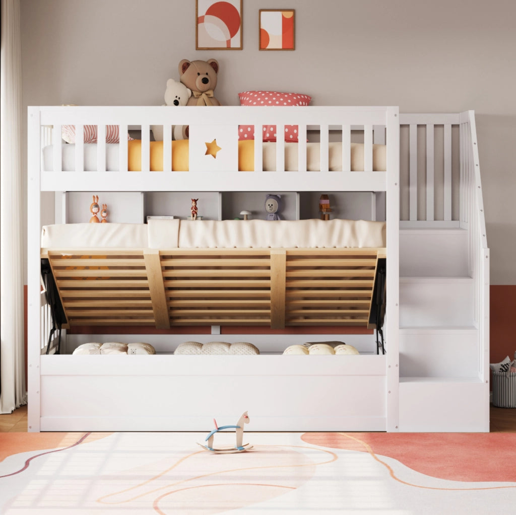Letto a soppalco 90x200 cm con contenitore idraulico; scala e ripiani; bianco