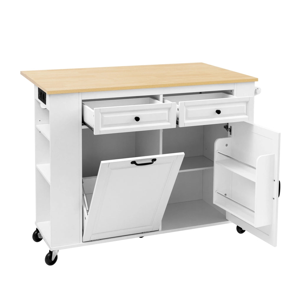 Isola da cucina 120x40-70x92 cm con piano apribile; prese integrate e vano rifiuti; MDF bianco naturale