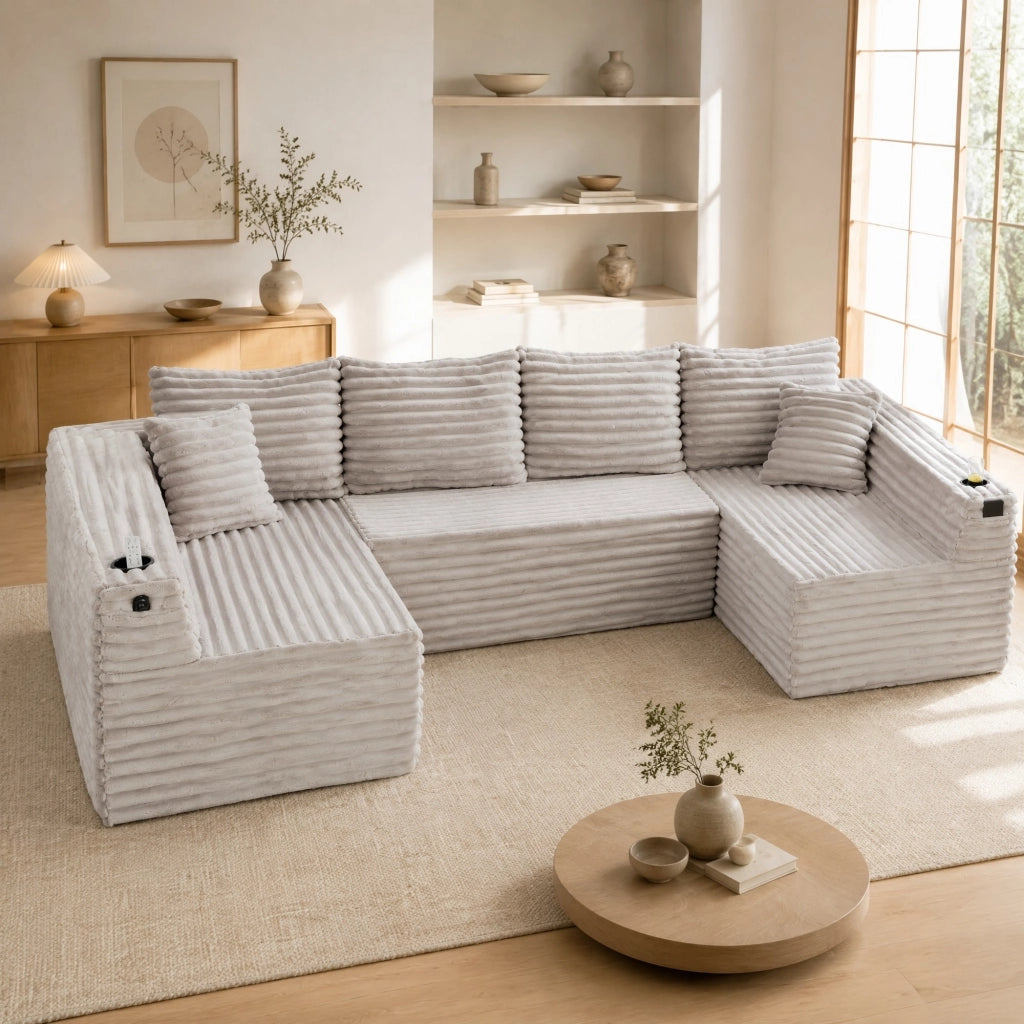 Divano modulare a U in velluto a coste con portabicchieri e tasche laterali, ergonomico, grigio chiaro