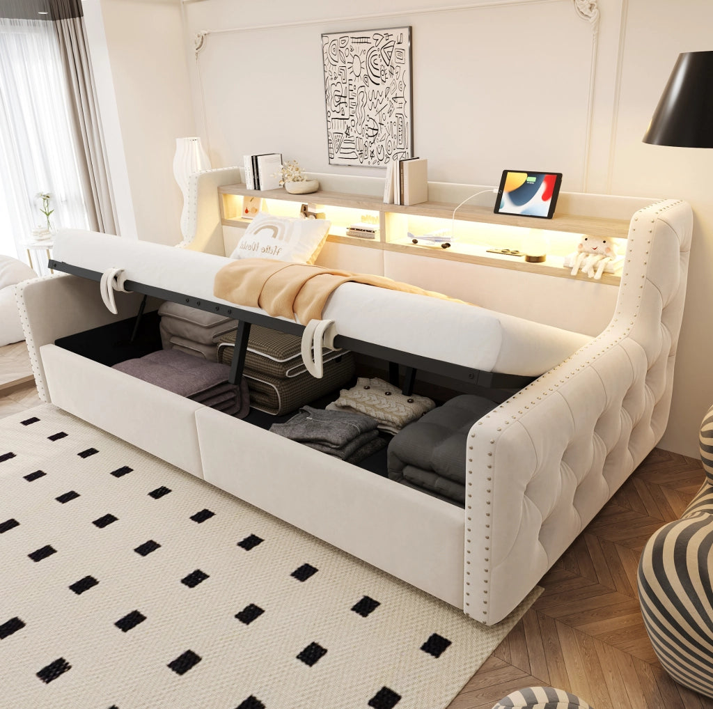 Divano letto 90x200 cm; con LED e vano contenitore; velluto beige