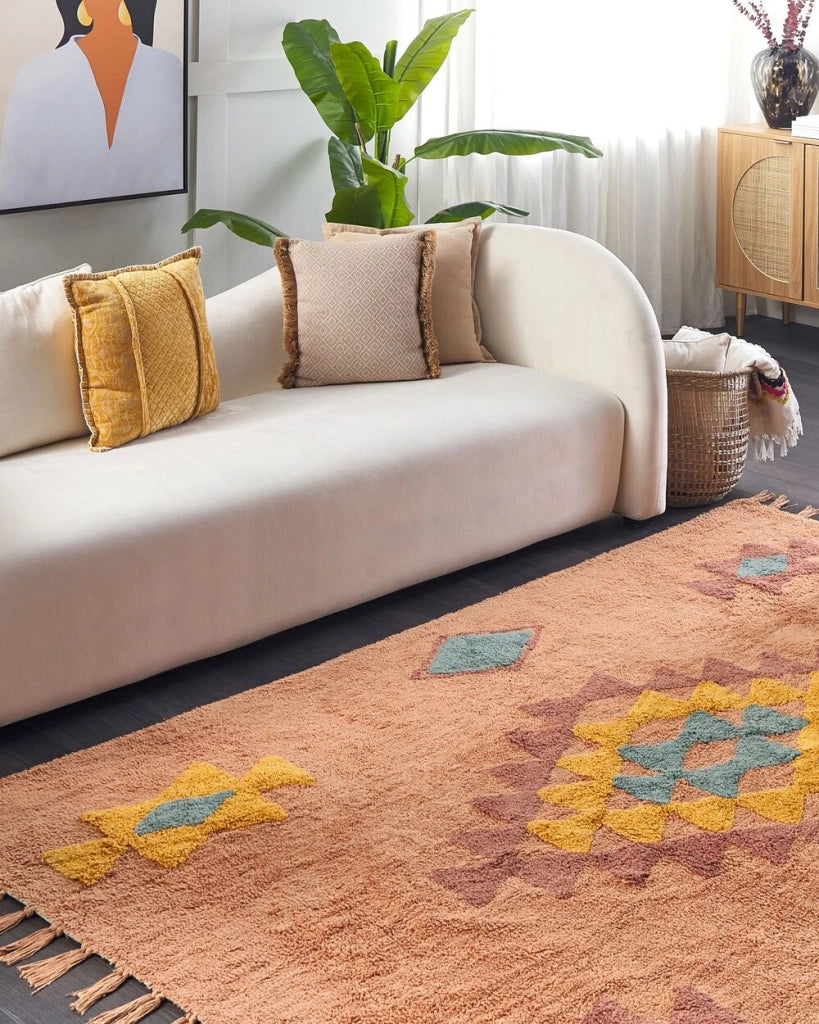 Tappeto in cotone con nappe e motivo a geometrico arancione 140 x 200 cm soggiorno camera da letto