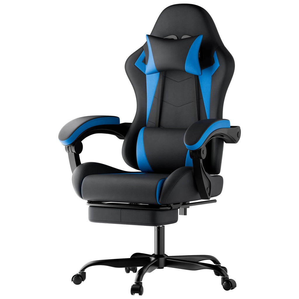 Sedia da gaming ergonomica con supporto lombare, poggiatesta, braccioli collegati e ruote silenziose in PVC nero e blu